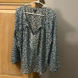 Blue/White sheer long sleeve blouse size XL